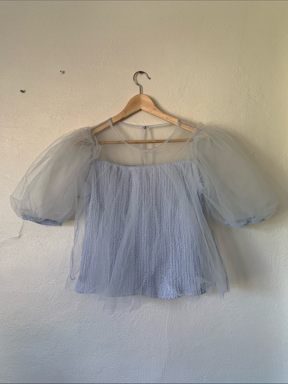 Sheer Puff-Sleeve Light Blue Top